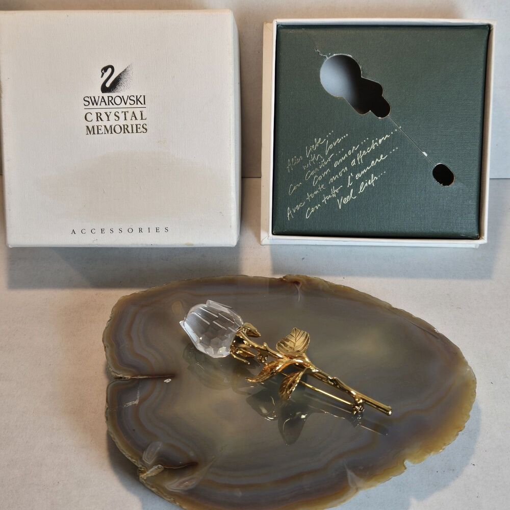 Vintage Swarovski Crystal Rose Brooch Gold Plated Stem Pin Austria Signed Box